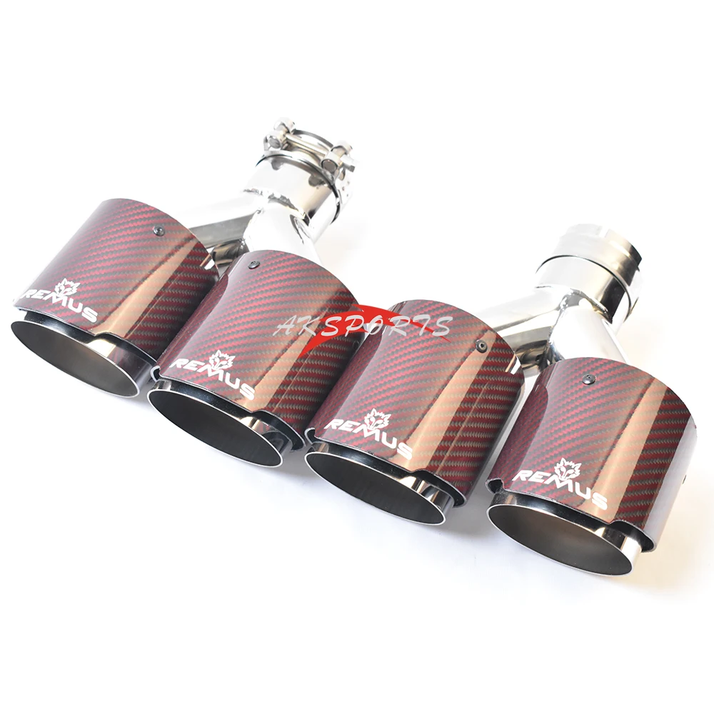 

2Pcs Double Stainless Steel Left And Right Glossy Red Twill Carbon Fiber Straight Exhaust Pipe Dual Muffler Tip