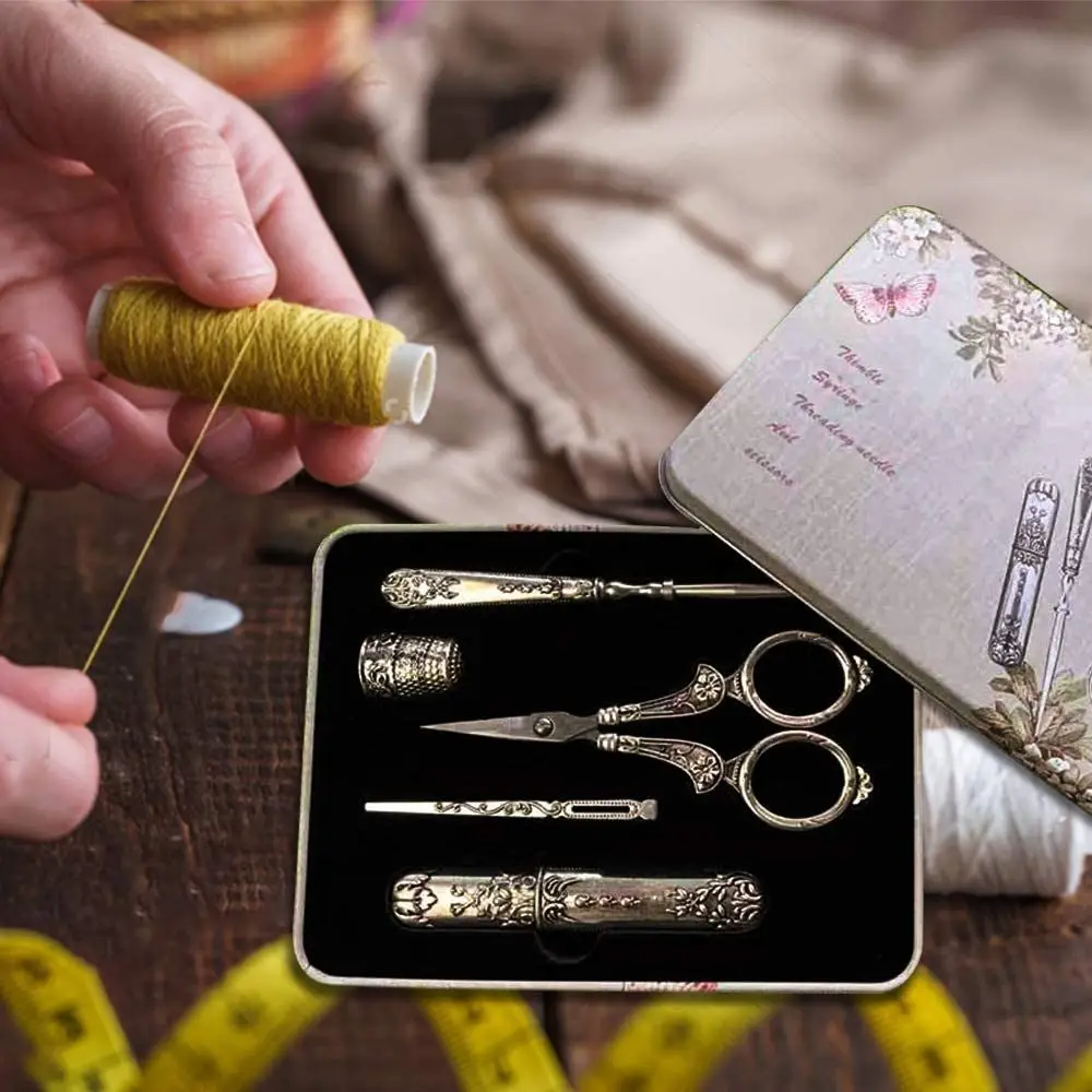 Antique-Sewing-Scissors-European-Vintage-Silver-Needle-Case-5-in-1-with-Scissors-Thimble-Punch-Embroidery