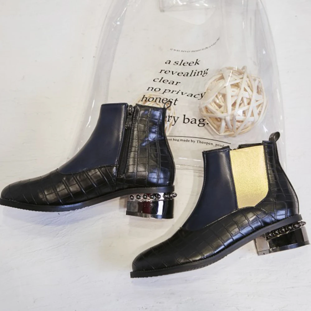 Skup Pojedyncza róża zimowe buty damskie do kostki gumką okrągłe Toe buty na kwadratowym obcasie sztukateria Chelsea wysokie obcasy buty z mikrofibry XZ31