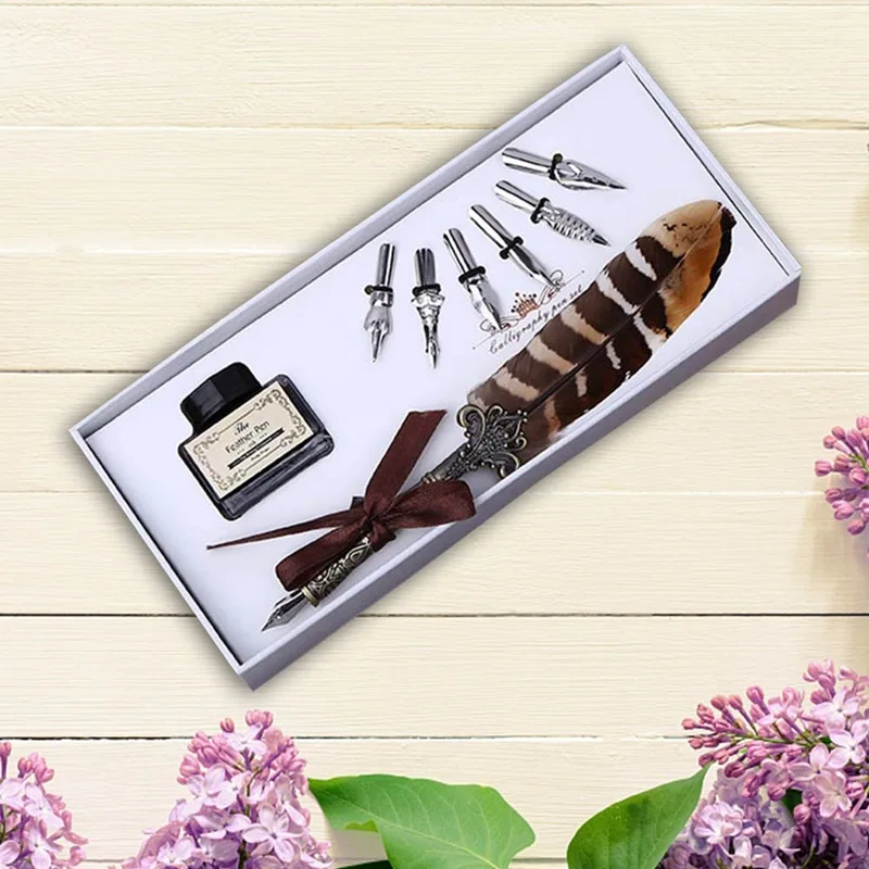 

Retro Quill Feather Pen Set Dip Water Antique Calligraphy Writing Quill Pen Gift Quill Feather Pen Set Stainless Steel Nib