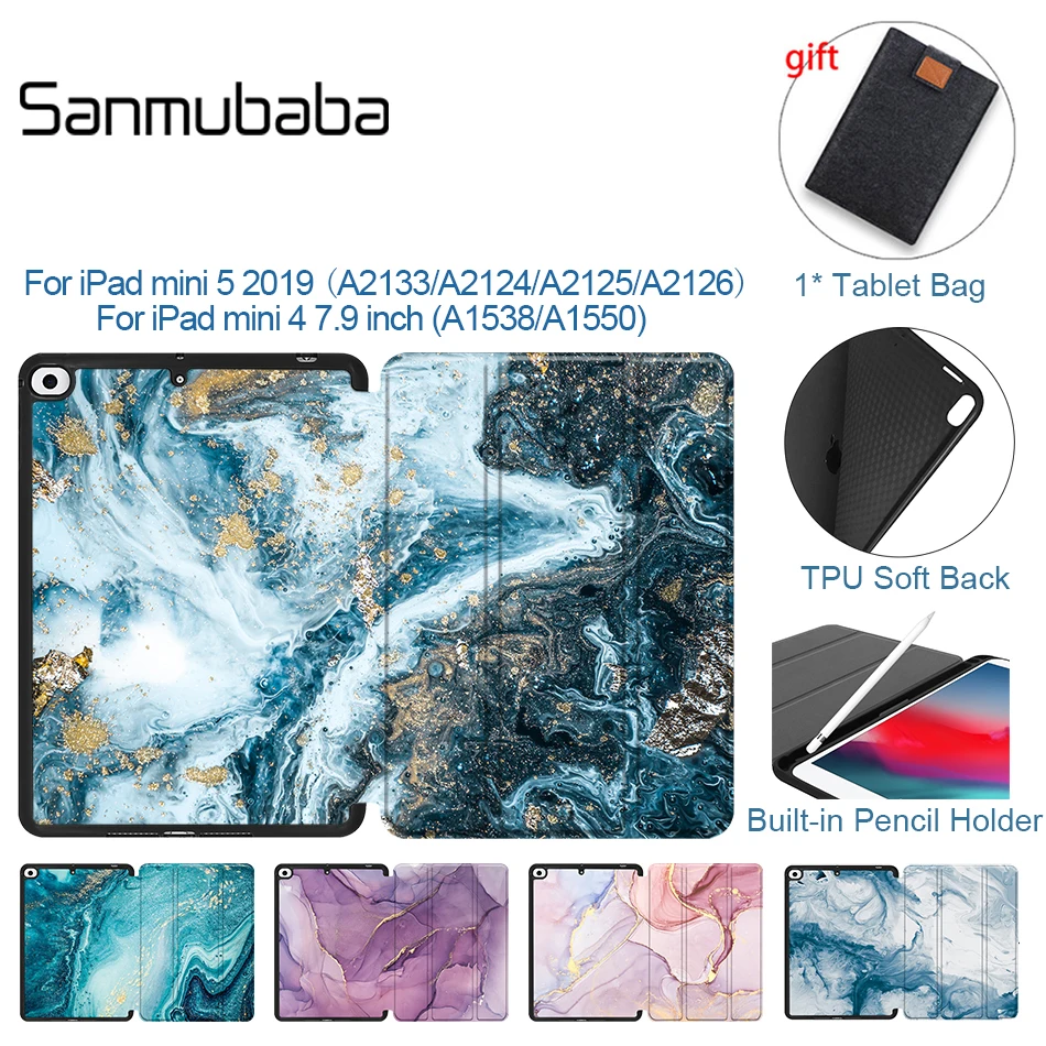 Sanmubaba Marble Texture Case For iPad mini 5 2019 4 7.9'' TPU Soft Back PU Leather Smart Tablet Cover With Pencil Holder |