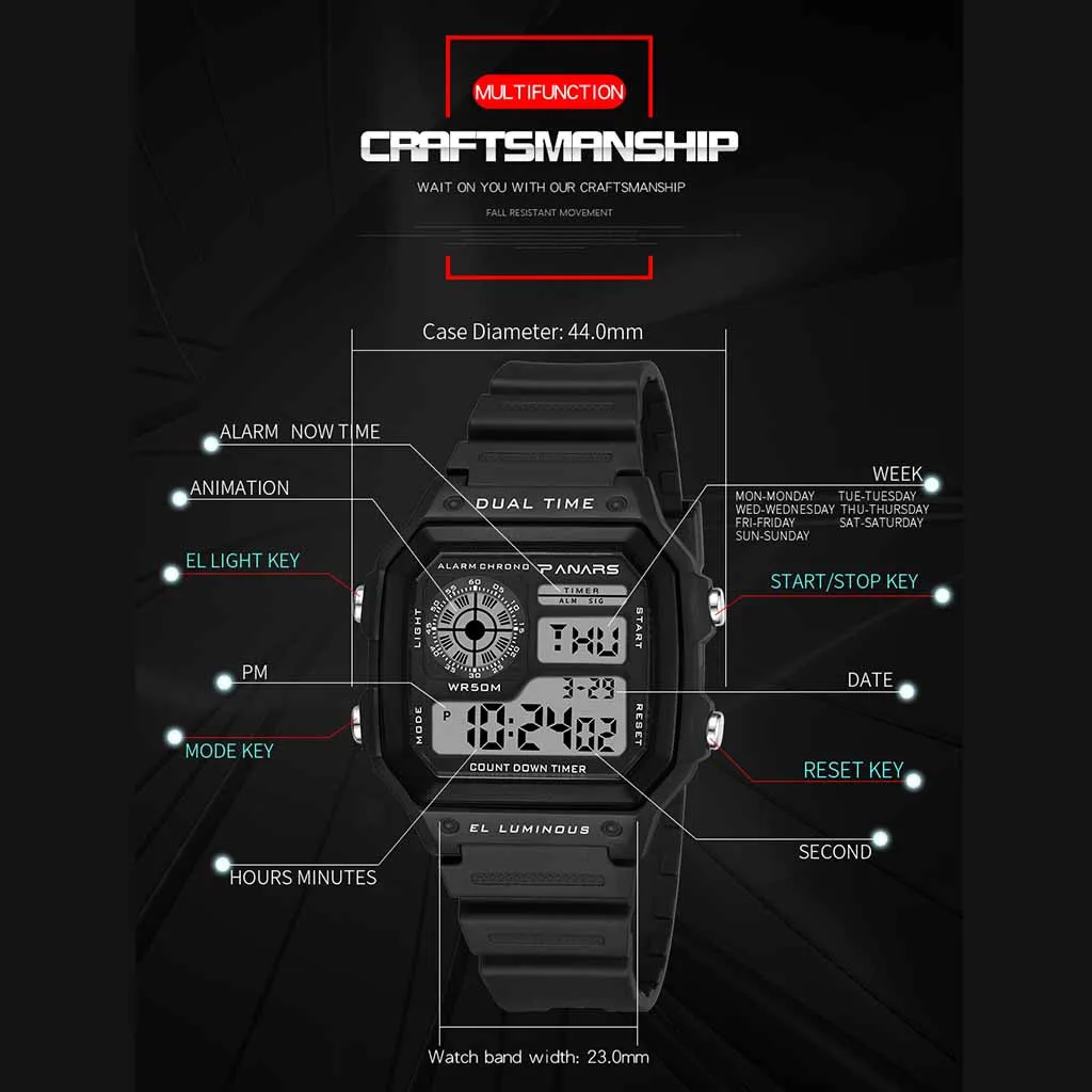 PANARS мужские ретро военные цифровые часы водонепроницаемые EL светящиеся reloj deportivo hombre стильные erkek kol saati CN