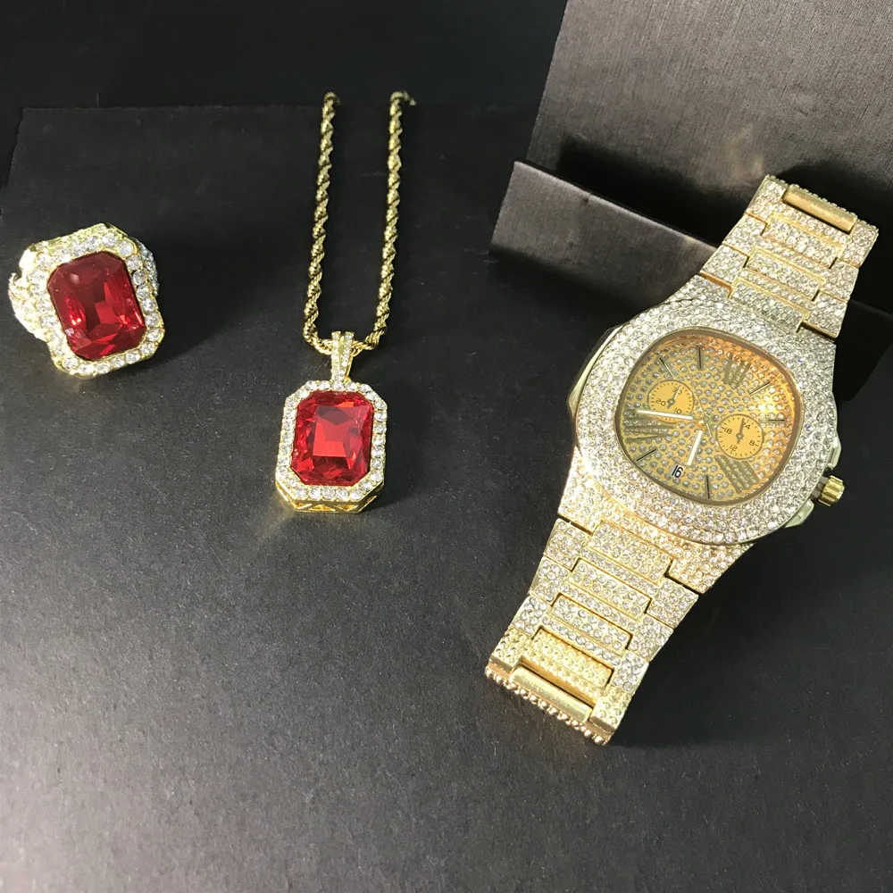 Роскошные мужские часы с бриллиантами, мужские часы в стиле хип-хоп и кольцо с красным Рубином, комбинированный набор, часы с кубинским бриллиантом и ожерелье, ювелирные изделия для мужчин - Цвет: Золотой