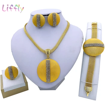 

Liffly Fashion Crystal Necklace Round Pendant Nigeria Jewelry Sets for Women Bracelet Earrings Ring Charm Women Jewelry