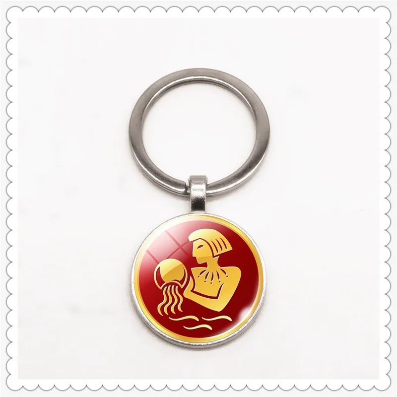 

Red twelve constellation pattern keychain glass convex round pendant classic fashion men and women keychain gift