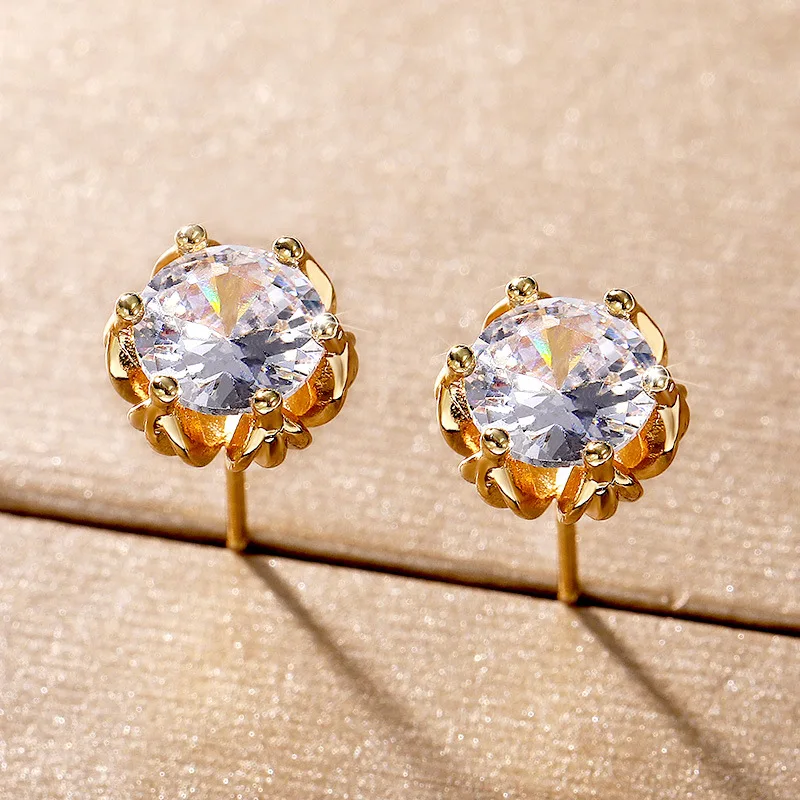 Korean Crystal Stud Earrings For Women Gold Color Flower Shape Round Diamond Earings Fashion Jewelry 2021 Christmas Gift KBE097 | Украшения