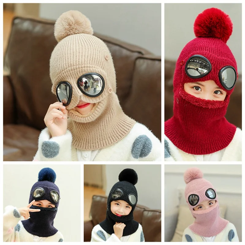 Маска для лица, лыжная маска для детей, зимние очки для девочек, вязаная шапка, шапка с 3 отверстиями, Балаклава, плотный шарф, шапки, вязаные шапки
