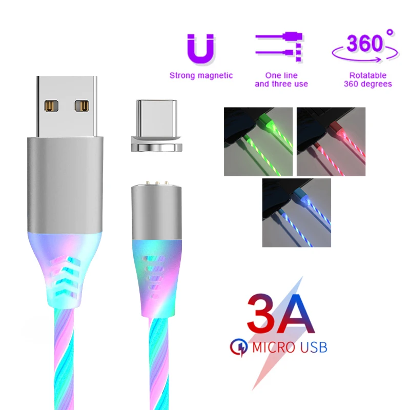 Мода 3A Зарядное устройство USB Type C кабель Micro USB кабель Красочный Светодиодный свет Магнитный телефонный кабель Быстрая Зарядка Micro USB Type C кабель