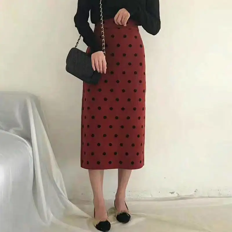 Women Skirts High Waist Knitting Skirts Women Long Bodycon Skirts Dot Femme Polka Dots Pencil Skirt