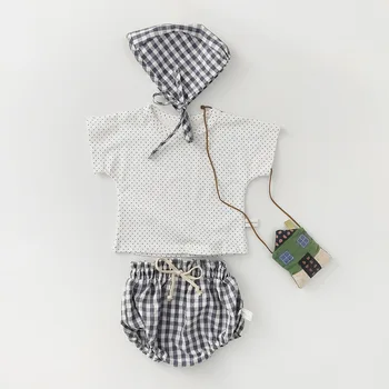 

Baby Boy Girl Polka Dot Short-Sleeved Shirt+Plaid Pants+Hat 3pcs Clothes Set Toddler 3 6 9 12 18 24 Month Newborn Clothes 204013