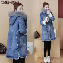 Зимняя новинка, женская джинсовая куртка средней длины с большим меховым воротником и бархатной подкладкой из овчины, Свободная Повседневная теплая хлопковая куртка