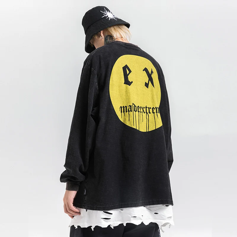 

2019 Fashion Street Solid Cotton Smiling Face Printing Sweat Shirt Hip Hop Swag Tyga Hole Autumn Oversize Clothing