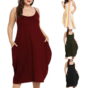 

Summer Cotton Dress Women Solid Plus Size Pocket Loose Sleeveless Dress Female Plus Size Dress Fashion Clothing