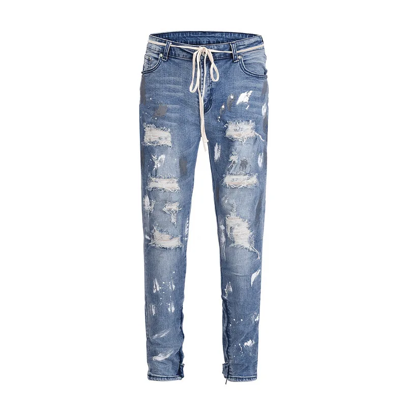 

High Street Mens Jeans Water Washed Distressed Paint Splash Jeans Slim Fit Men Ripped Pants Homme Men Fashions Streetwear