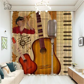 

Music Window Curtains Acoustic Guitar On Vivid Grunge Backdrop Performance Melody Theme Art Living Room Ultra-thin Light Shading
