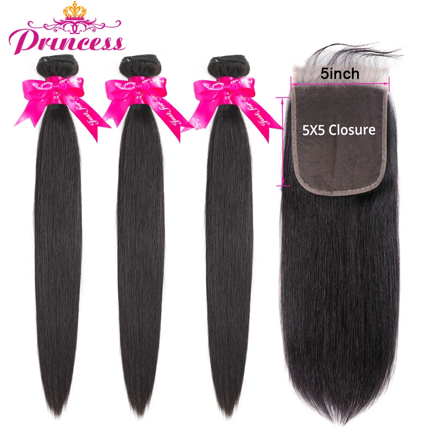 Beautiful Princess Hair Straight Human Hair 3 Bundles With 5x5 Closure