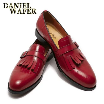 

Luxury Brand Men Loafers Shoes Casual Dress Leather Elegant Red Shoes Slip On Pointed Toe Men's Wedding Patry Leather Shoes Men