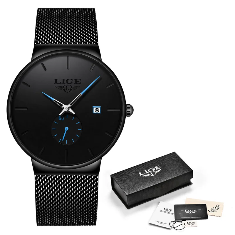 M Black Blue LIGE, новинка, мужские часы, модные, Топ бренд, Роскошные, нержавеющая сталь, синие, кварцевые часы, мужские, повседневные, спортивные, водонепроницаемые часы, Relojes - Цвет: M Black Blue