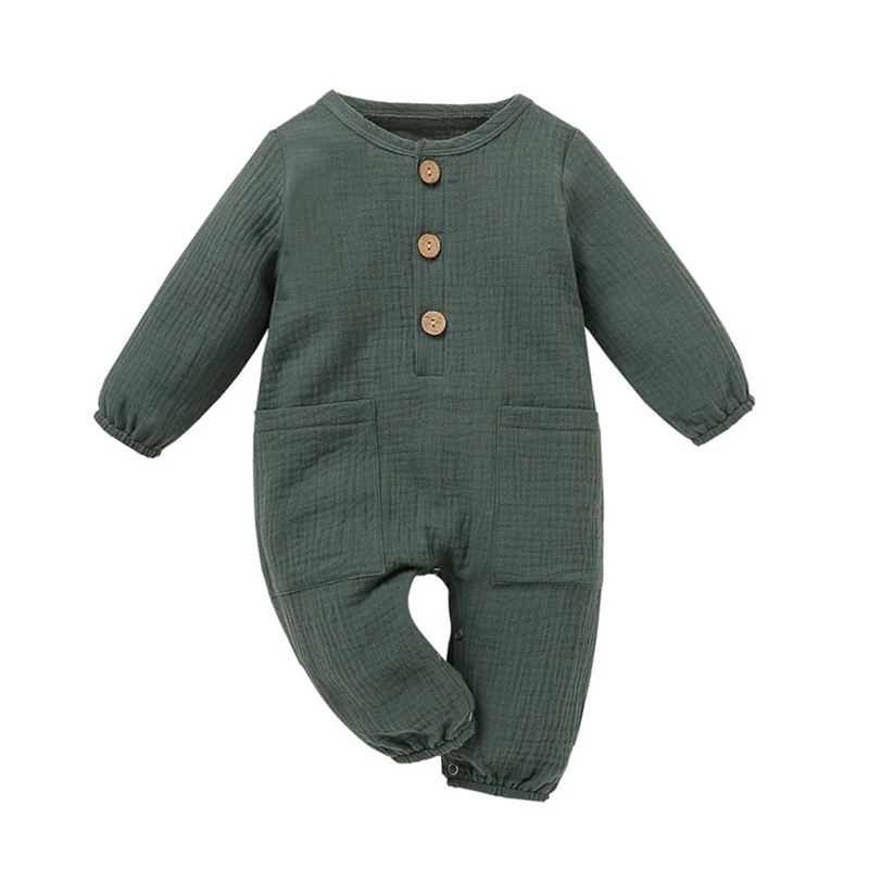 

2020 Ins New Autumn Infant Baby Cotton Linen Solid Color Romper With Pockets One-piece Long-sleeved Bodysuit