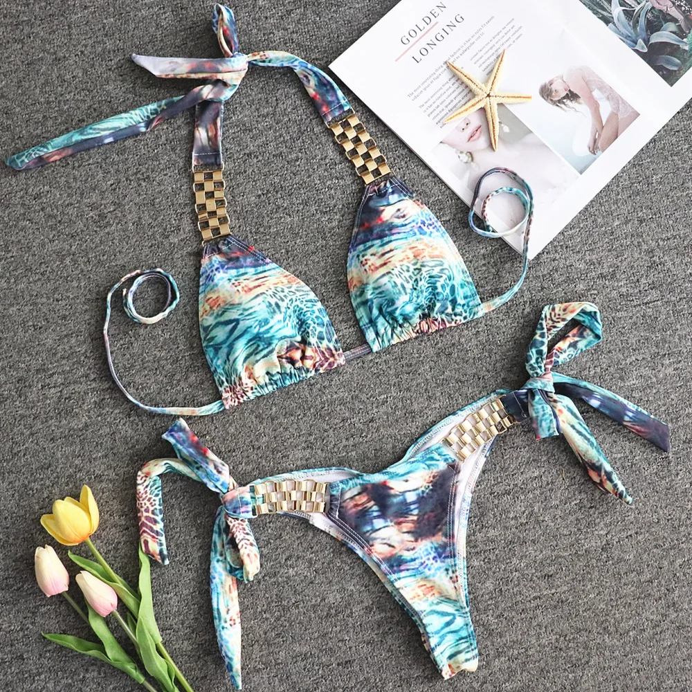 

Diamond Swimsuit Crystal Women Snake Print Bikini Brazilian Halter Rhinestone Bather Bathing Suit Thong Swimsuit Push Up Biquini