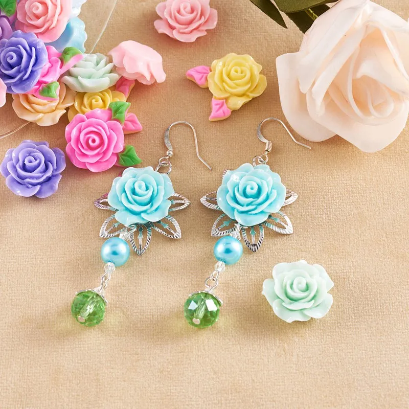 Pandahall 200pcs Opaque Resin Cabochon Rose Flower with Leaf Cabochon for Jewelry Making DIY Earring Hairpin Brooch Supplies