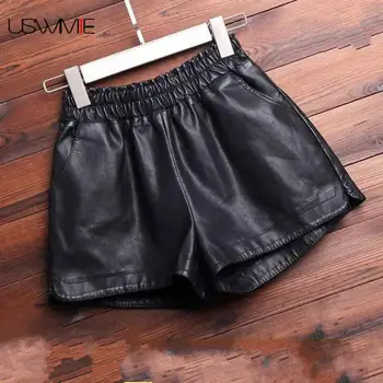 

Spring Winter Leather Shorts Fashion High Waist Thin Out Wear Elastic Waist Casual Solid Color Boots High Waisted Shorts