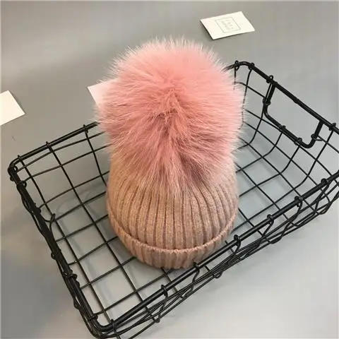Pink Cap Горячая младенческой Девочки помпон теплые зимние наборы шарф шапка натуральный шарик из меха лисы для детей от 0 до 8 лет Вязанные Трикотажные шапочки аксессуары - Цвет: Pink Cap