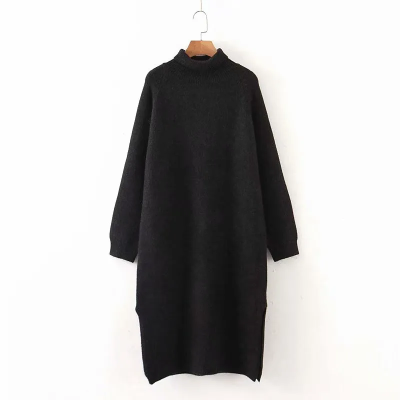 

2019 Europe And America Autumn And Winter New Style Loose-Fit High Collar Pullover Sweater Dress Both Sides Slit Jersey Dress Wo