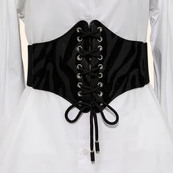 Fashion Steampunk Suede Black PU Corset Cummerbunds Front Lace Up Elastic Waist Spliced Cincher Corset Belt