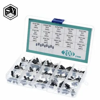 

200pcs/lot Radial capacitors set 15Values 0.1uF-220uF Electrolytic Capacitor Assortment Kit 10V/16V/25V/50V capacitor pack