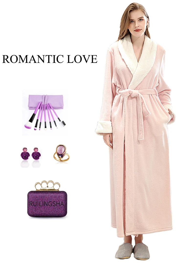 Для влюбленных; зимние длинные фланель, коралл флис теплый однотонный халат Для женщин Для мужчин кимоно розовый банный халат, платье подружки невесты, сексуальный пеньюар