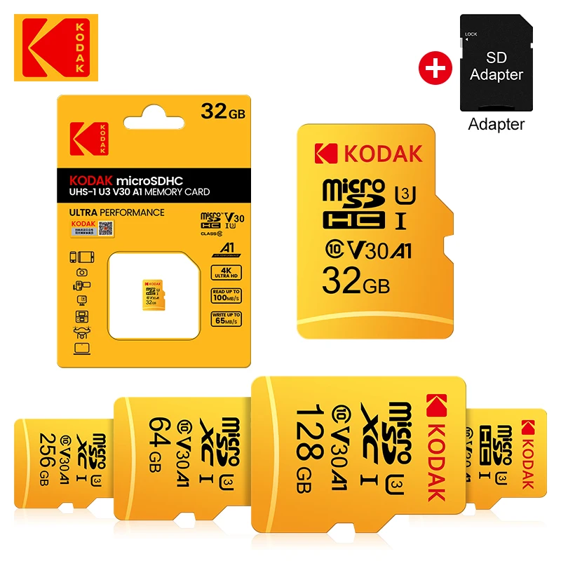 Карта памяти KODAK EVO Plus 256 ГБ 128 U3 4K Micro SD 64 32 SDHC Microsd UHS-I C10 TF Trans Flash с адаптером |