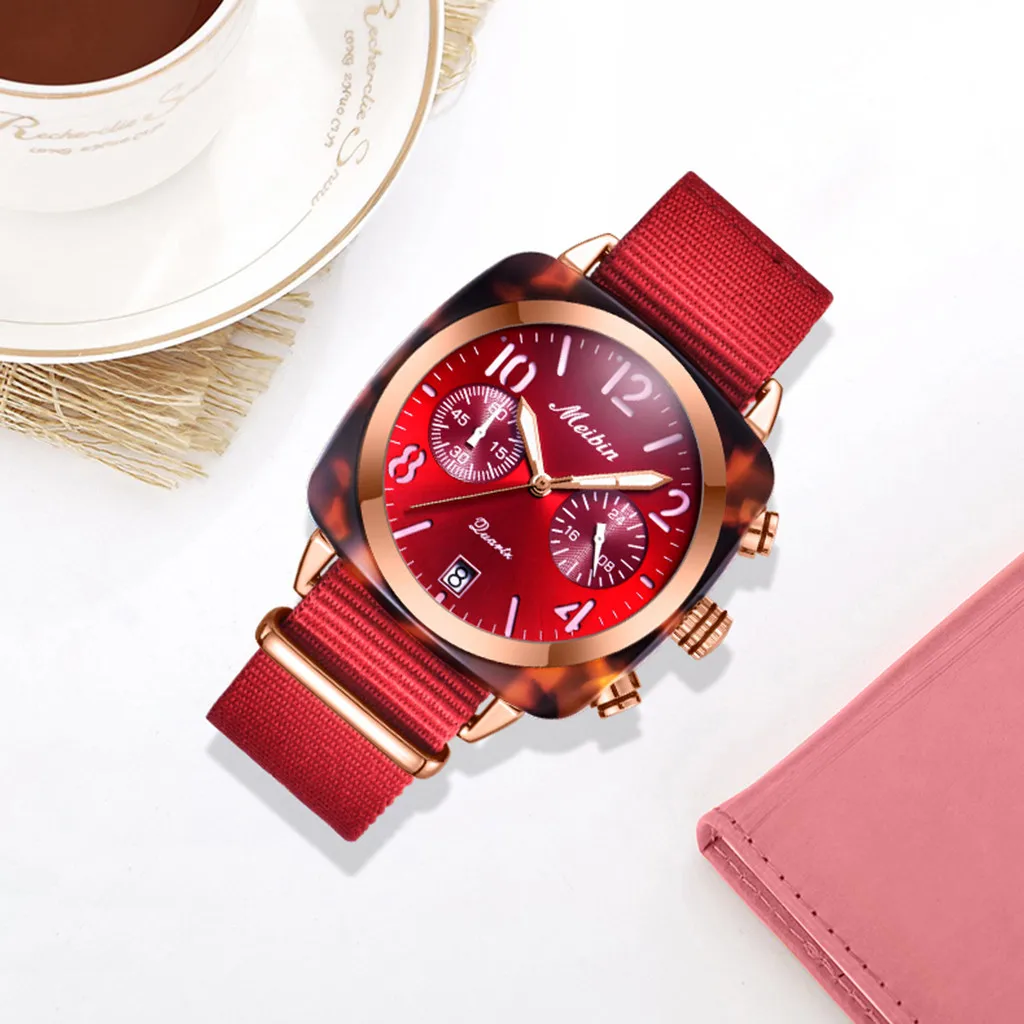 

Woman Watches Meibin Luxury Noble Double Dial Square Nylon Belt Jewelry relojes para mujer zegarek damski relogios femininos