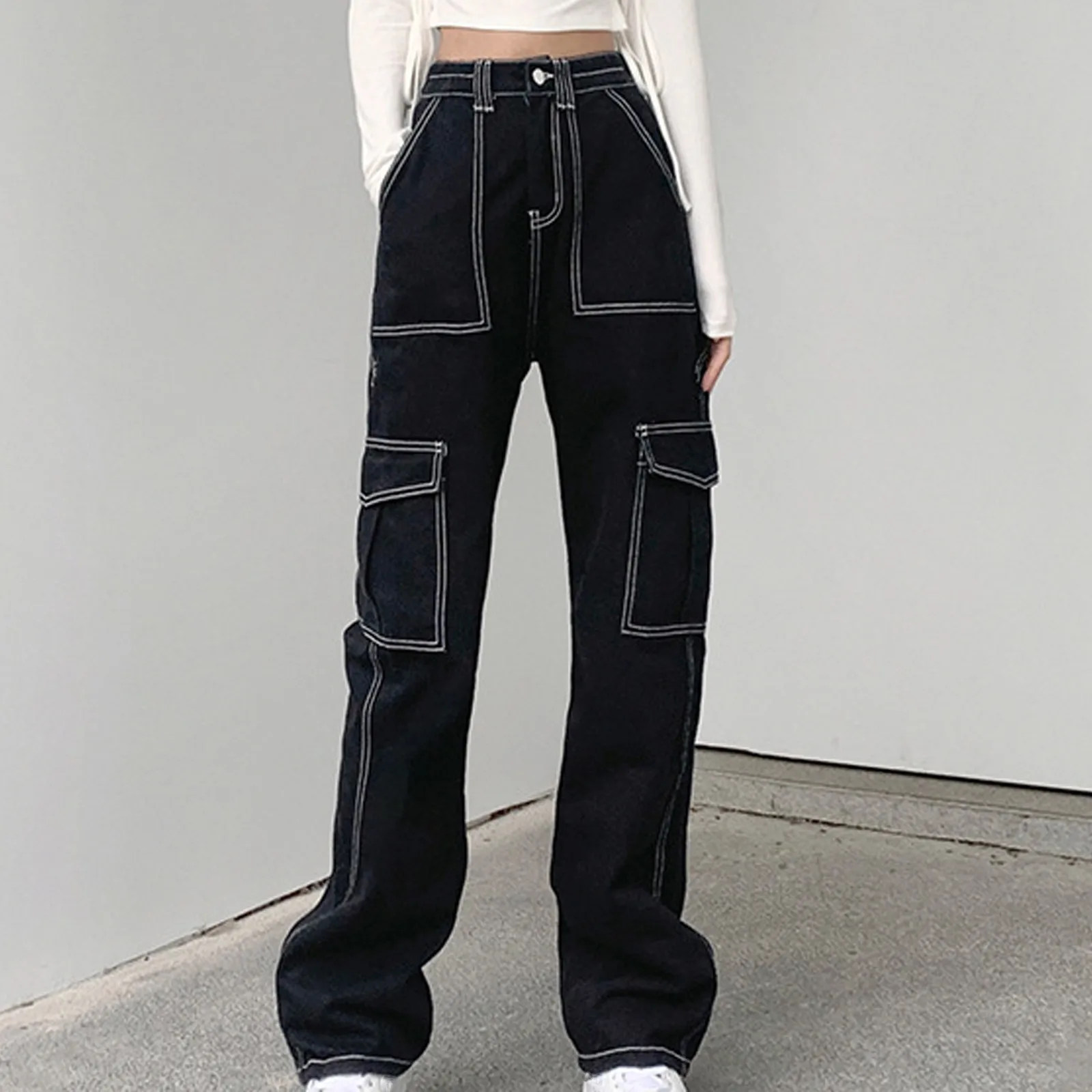 Pantalones vaqueros negros de cintura alta para mujer, Pantalón Cargo holgado, pantalón largo, ropa de calle para mujer, pantalón holgado con bolsillos grandes, pantalón holgado recto
