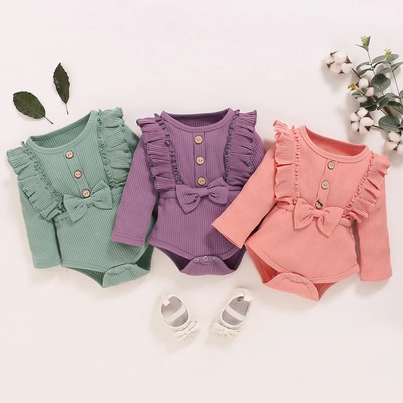 

2020 Toddlerâ€™s Spring Autumn Clothes Solid Color Ruffle Long Sleeves Ribbed Rompers with Bowknot for Baby Girl 0-18 Months
