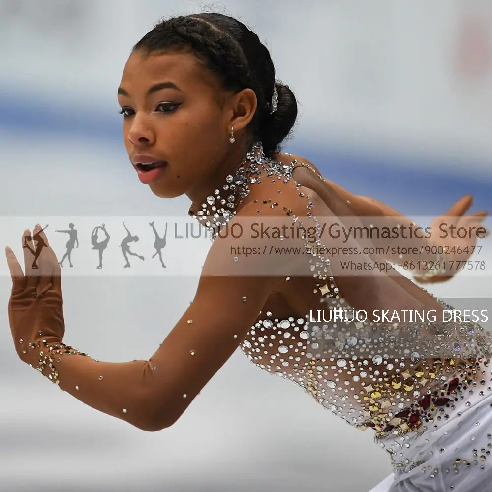 アイススケートドレス女の子ゴールドカラー品質ダイヤモンドレオタード体操ティーンフィギュアスケートドレススケート衣装競技