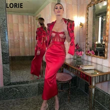 

LORIE Mermaid Satin Evening Dresses 2021 Sweetheart Crystals Red With Jacket Arabic Dubai Formal Long Elegant Prom Party Gowns