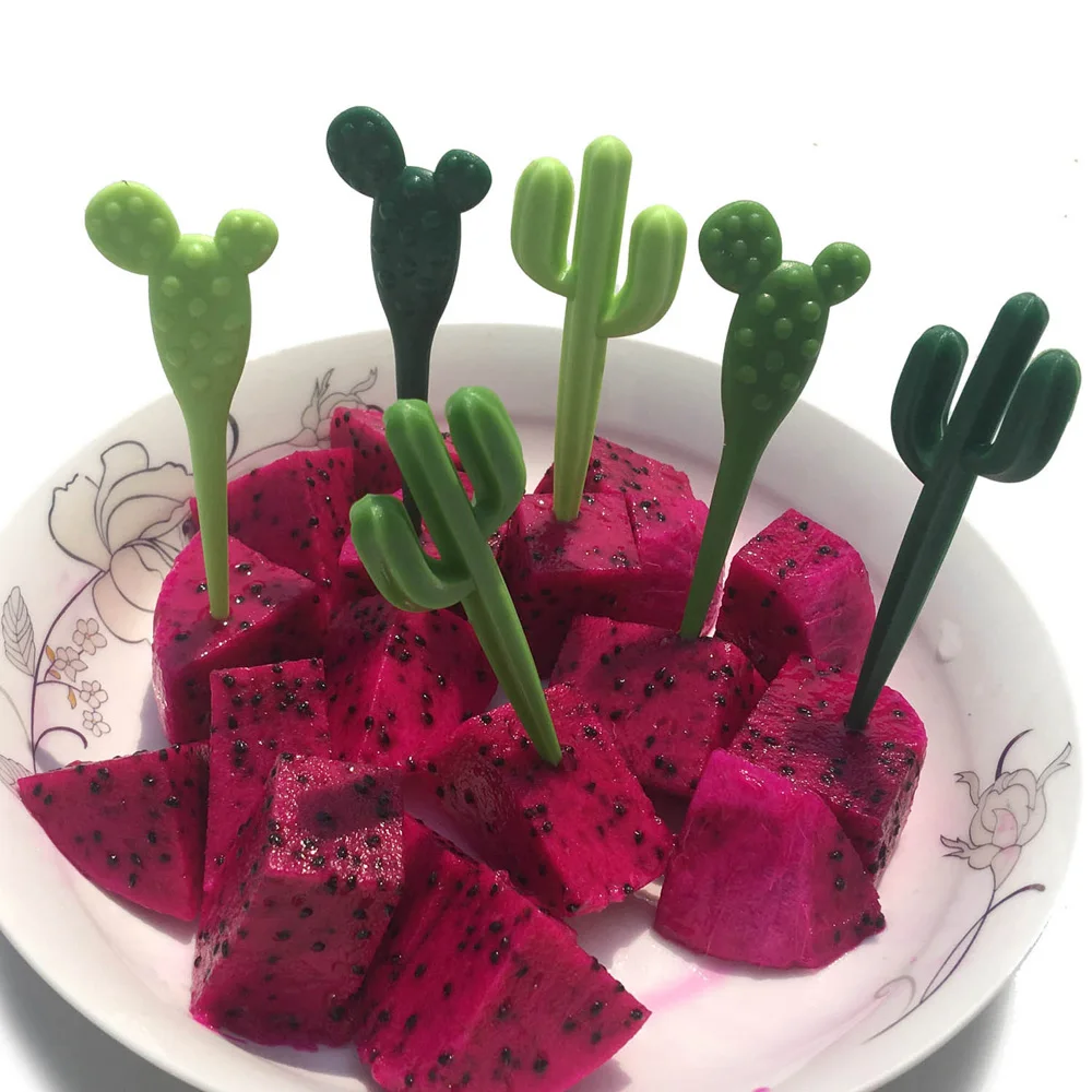 

6 Pcs/pack Cake Toothpick Plastic Green Cactus Fruit Forks Toothpick Kids Tableware Fruit Fork Food Picks Mini Cartoon