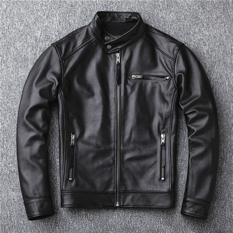 Men Leather Jacket-Classic Motor Rider Genuine Leather Jacket Slim Fit Cowhide Coat Mens Fashion Real Leather Jacket Asian Size