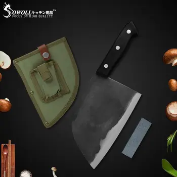 

Sowoll Kitchen Knives Forged High Carbon Clad Steel Butcher Knife With Knife Sheath+Mini Knife Sharpener 3 Piece Set Knives Set