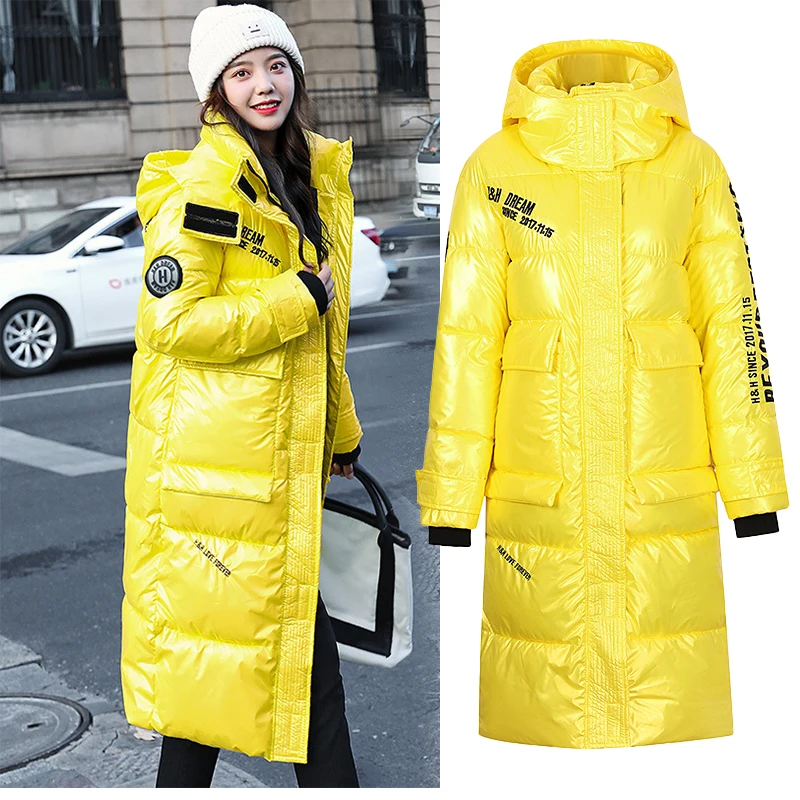 

New Winter Women's Down Padded Jacket Long Korean Version Over The Knee Loose Letter Printing Shiny Padded Jacket Women 2020