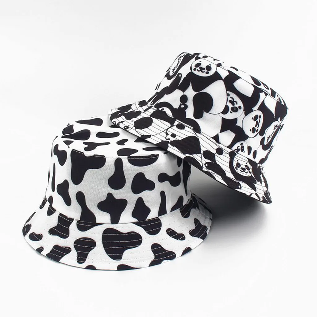 

New Fashion Reversible Black White Cow Pattern Foldable Bucket Hats Fisherman Caps For Women Gorras Summer Sun Hat Basin Hat