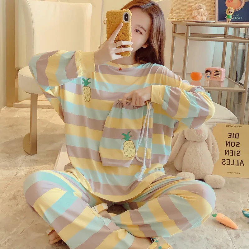 

Pajamas WOMEN'S Long Sleeve Pullover Cartoon Qmilch Stripes Spring And Autumn New Products Summer Homewear Set with Cloth Bag