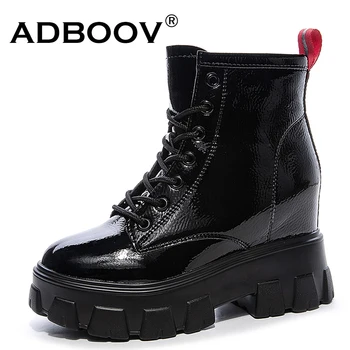 

ADBOOV Patent Leather Boots Women Height Increasing Ladies Platform Boots Lace Up Winter Ankle Boots Female