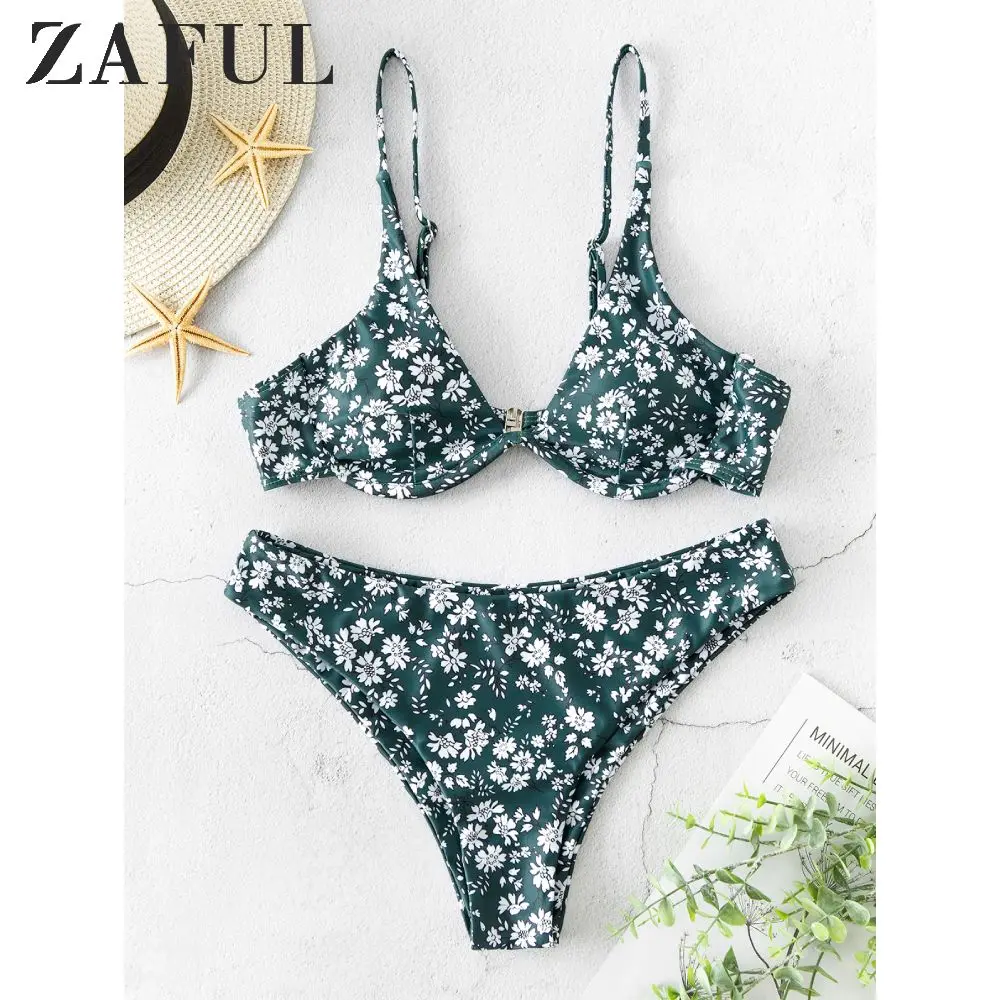 

ZAFUL Ditsy Print Underwire Cami Bikini Swimsuit Small floral underwire split high-cut bikini Multi Co Ord Two Pieces Swimsuit