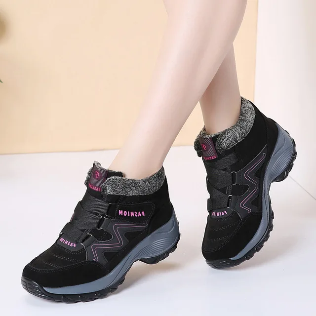 New Women Snow Boots High Quality Winter Warm Push Ankle Boots Women Platform Female Wedge Waterproof Botas Mujer - Цвет: Black