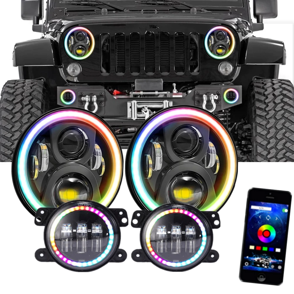 

For Jeep Wrangler JK 7" RGB Halo LED Headlight With 4Inch Fog Lights Bluetooth App Controlled Halo Ring Multi-Color