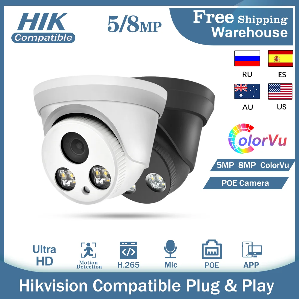 Hikvision Compatible IP Camera ColorVu 5MP 8MP H.265 Mini POE Bulit-in MIC P2P Security CCTV Video Dome Camera Surveillance