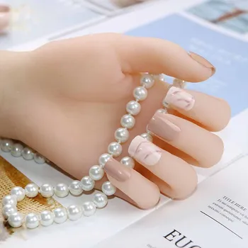 

24Pcs/boxed with 2g glue Fashion Fake Nails press on Khaki White Pink Marble Square Artificial Nail Tips Sticker for Office Home