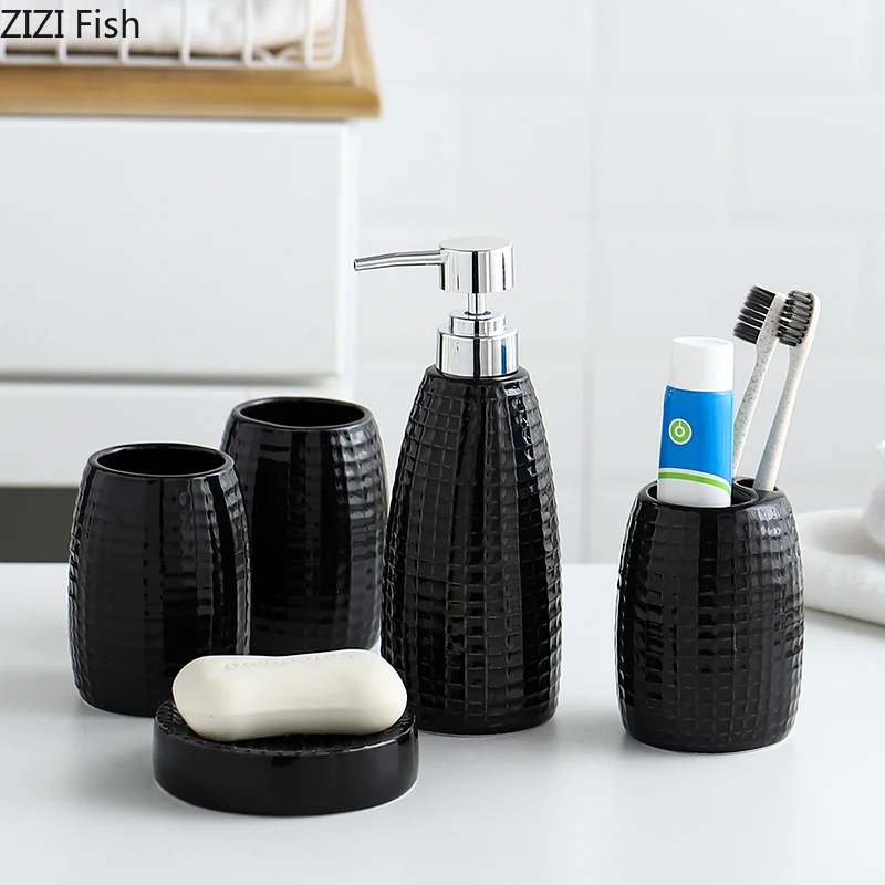 

Black White Ceramics Bathroom Kit Fives-piece Lotion Bottle Toothbrush Cup Home Bathroom Supplies Bathroom Accessories
